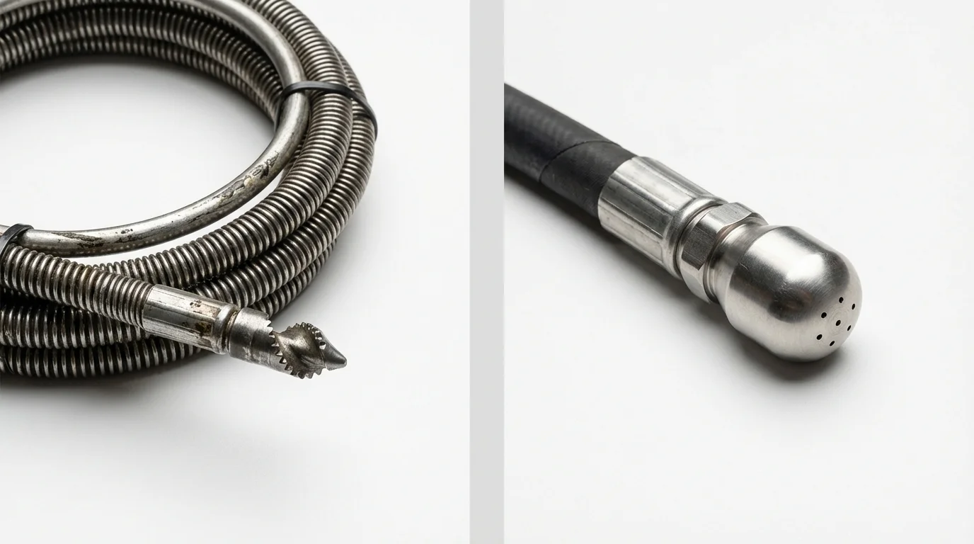 Drain snake cable and hydro jetting nozzle used for drain cleaning in Runnemede, NJ