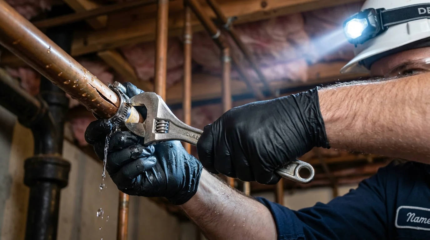 Emergency pipe clamp repair being performed by a Johns Plumbing LLC plumber in Runnemede