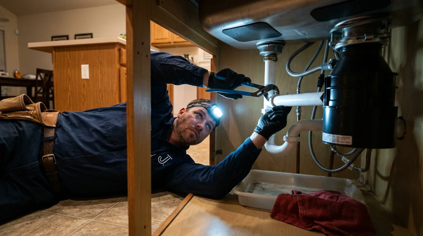 P-trap and supply line connections under a kitchen sink showing a common leak point in Runnemede, NJ